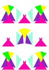 Geometric abstract artwork with colorful shapes in a symmetrical pattern  