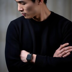 Portrait of a Man Wearing a Smartwatch in a Knitted Sweater