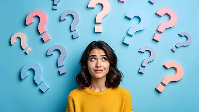 Young Woman Pondering Surrounded by Question Marks - Conceptual Image of Doubt and Uncertainty