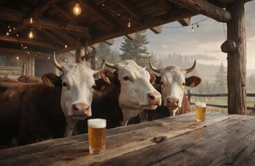 Three cows in rustic farm scene. Cows relax on wooden platform. Brown, white, black cows with spots enjoy leisure time. Rustic farm background with wooden structure and trees.