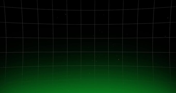 Video of a grid moving vertically on a black background with a green glow at the bottom and particles coming out from below.