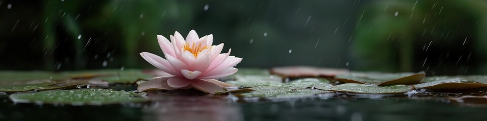 Serene pink water lily blooming amidst raindrops on a calm pond