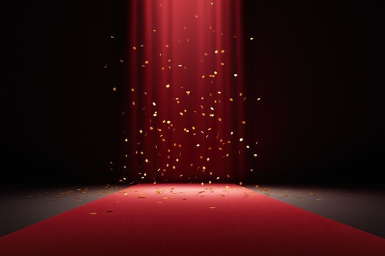 Luxurious red carpet with dramatic lighting and falling gold confetti