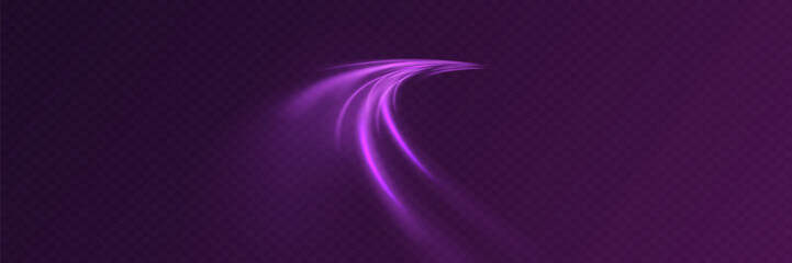 Glowing purple curved rays. Speed effect. Vector illustration.