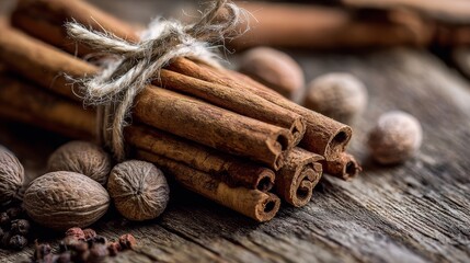 Cinnamon sticks bundled with twine on rustic wood surface with scattered nutmeg