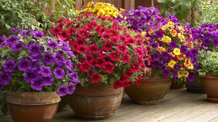 Colorful petunias in terracotta pots.