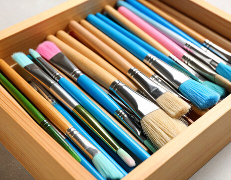 Set of colorful brushes in a wooden box, close-up view. Generated Image.