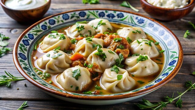 Kyrgyz Chuchvara &ndash; Small meat dumplings in broth&mdash;served with sour cream or herbs.


