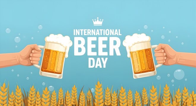 International brew day celebration with beer mugs and wheat for a festive occasion event poster design