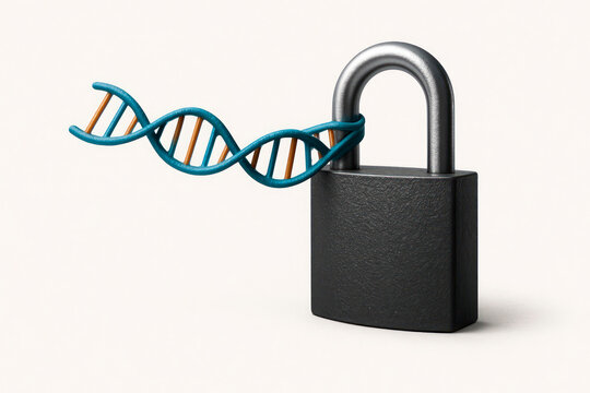A lock with a DNA arc on a white background.