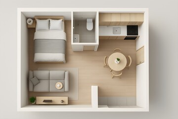 Compact studio apartment floor plan with living sleeping and kitchen areas