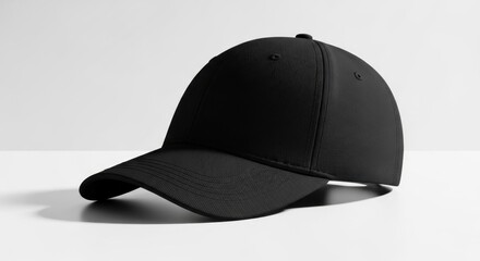 A black baseball cap with a textured fabric sits on a white surface