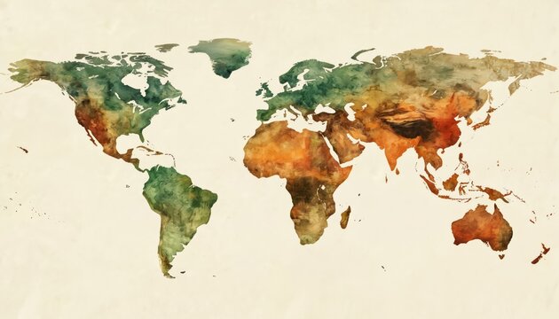 Vibrant watercolor-style world map with greens, reds, and oranges. Soft, blurred map texture, white background, green and red details surrounding edges.