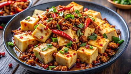 Chinese Mapo Tofu – Spicy tofu with ground pork, chili oil, and Sichuan peppercorns.

