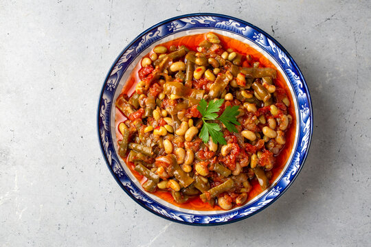 Traditional delicious Turkish food; fresh green black eyed peas food (Turkish name; Zeytinyagli yesil taze borulce or acebek)