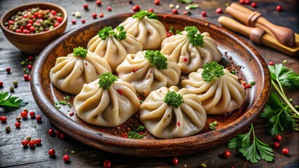 Georgian Khinkali &ndash; Juicy dumplings filled with spiced meat&mdash;twisted top, boiled and peppered.

