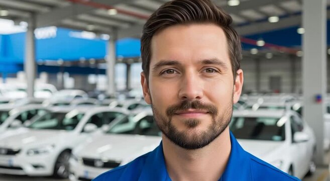 Confident Male Auto Mechanic adjusting safety glasses in car dea