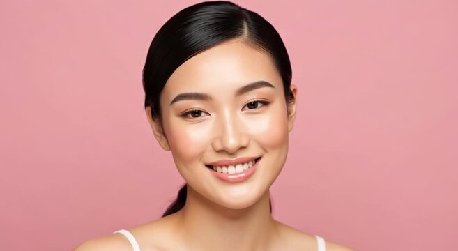 Happiness Young Woman smiling at camera in pink background studi