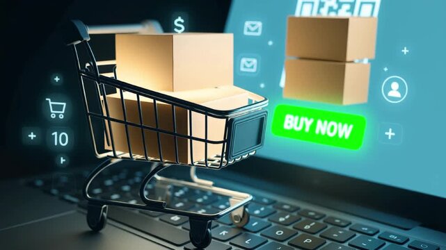 A shopping cart on a laptop keyboard with a digital buy now button and QR code. Represents online shopping and e-commerce concepts.