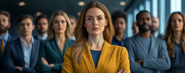 Obraz premium Diverse Business Team Confident Woman Leader in Yellow Blazer, Teamwork , Leadership