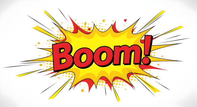 Dynamic Comic Book Style 'Boom!' Text Burst Illustration with Explosion Radial Lines on White Background, Pop Art Sound Effect