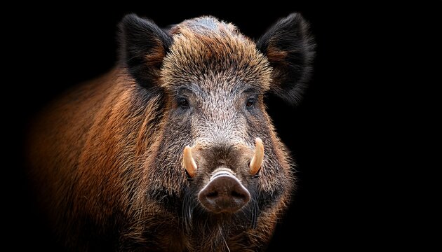 close up portrait of brown wild boar tusks black background wild pig portrait of pig