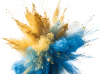 Explosion of vibrant yellow and blue powder against a stark black background creating dynamic energy