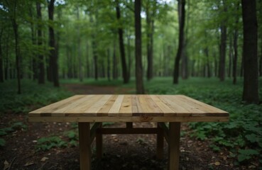 Fototapeta premium Wooden picnic table made of light brown wood in serene park. Table features turned legs, resting on dirt path surrounded by lush green trees and bushes. Rich green tapestry of foliage in background.