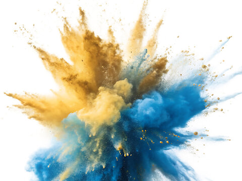 Explosion of vibrant yellow and blue powder against a stark black background creating dynamic energy
