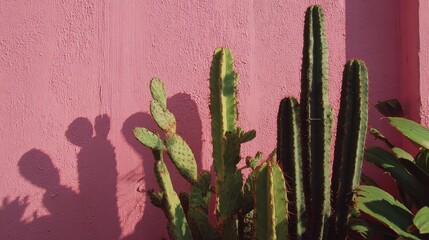 Cactus plants cast shadows against a pink wall.