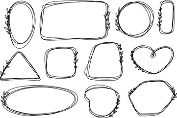 Doodle floral frames set decoration for wedding, birthday party. Elegant minimal border with leaves