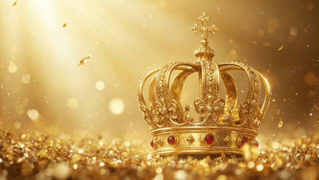 Radiant gold crown adorned with red gemstone center. Central position on gold background with stardust effect. Intricate design, vibrant colors create opulent, majestic sense. Regal, luxurious,