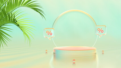 Stage podium. Hot summer sale. Discount percent. Mega sale special offer. Summer sale banner. Glass product podium with tropical palm leaves. Blue yellow pink colorful background. Vector illustration.