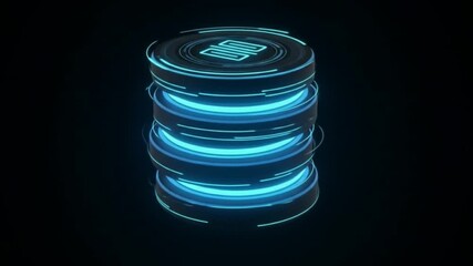 A glowing blue futuristic stack of discs with symbol on top in a dark background scene design - Powered by Adobe