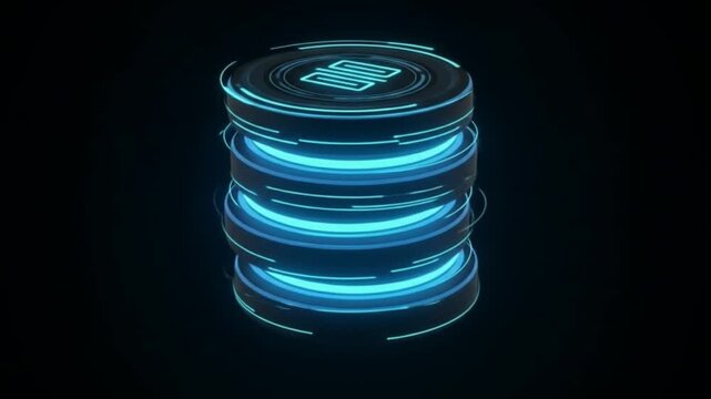 A glowing blue futuristic stack of discs with symbol on top in a dark background scene design
