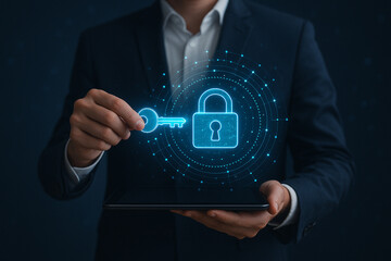 Cybersecurity digital security key lock concept man holding tablet data protection encryption access safe