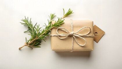 Photo of a simple brown gift box tied with twine and adorned with a sprig of fresh rosemary