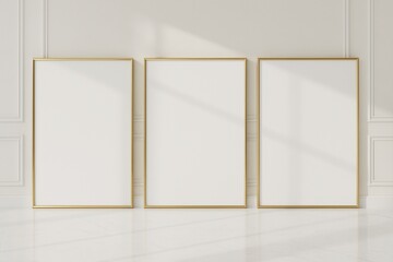 Three empty canvas with golden frames for mockup