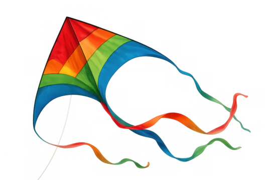 Vibrant rainbow kite flying high, symbolizing freedom and whimsy with bright colors against clean backdrop