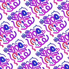 Colorful whimsical doodles with hearts and flowers on white background  