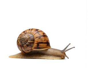 Garden snail with rich brown shell and black stripes moves across white background. Snail body has tiny hairs, trails behind. Slimy mollusc makes slow journey, exploring outdoor space.