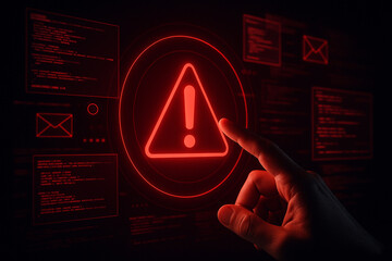 Cyber security alert system red warning sign on digital screen with hand touching for data breach risk