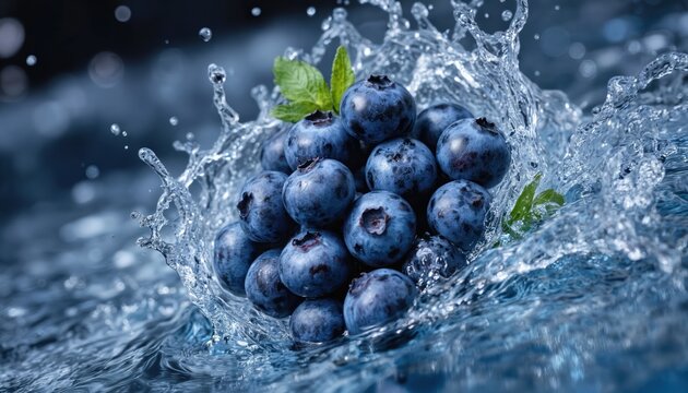 Blueberry cluster hangs in crystal clear water with disturbed surface. Green leaves on water surface. Dynamic splash effect creates engaging scene. Central blueberry cluster provides focal point.