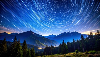 Star trails over a mountain range