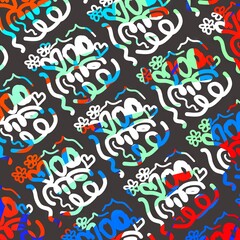 Colorful abstract pattern with floral elements on dark background  