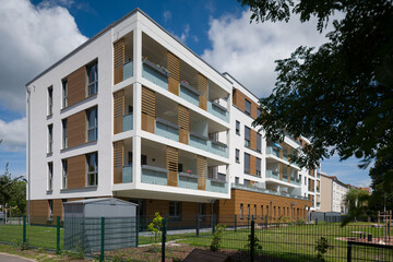 Exterior of a modern residential building with stylish balconies