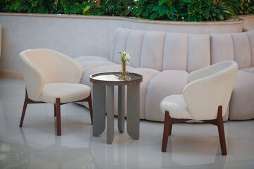 armchair and table in the restaurant interior