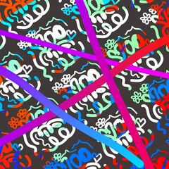 Colorful abstract doodle pattern with vibrant lines on dark background  