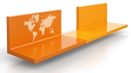 Two orange shapes, one with a world map