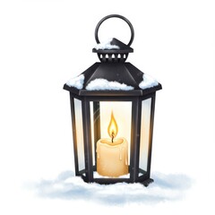 Black Metal Lantern with Glowing Candle in Snow